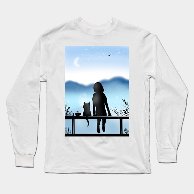 Blue peace - A girl and her cat calmly watching the sky Long Sleeve T-Shirt by HappyPawtraits